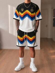 Gritte Field Men's Geometric Print Short Sleeve T-Shirt And Shorts Sports Set - Multicolor - View 3