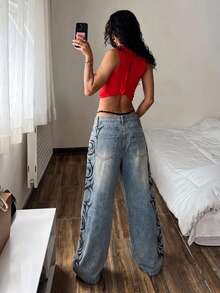 Coolane 女款時尚百搭鈕扣口袋寬鬆牛仔褲 街頭風 Y2K 90年代靈感 夜店穿搭 淺藍色 秋季 萬聖節 Y2K 復古牛仔褲 - 深色水洗藍 - 查看 2