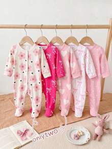 SHEIN 2件套新生儿碎花柔软舒适连脚睡衣，长袖 - 粉色 - 查看 8