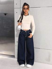 SHEIN 少女海军蓝宽松阔腿牛仔裤 - 黑色 - 查看 8