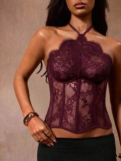Opulessa Top de mujer con cuello halter, cintura con recortes, transparente, sexy, elegante y estilizante