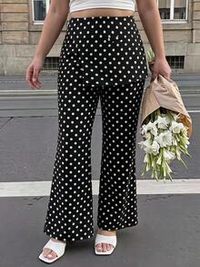 SHEIN MOD 大尺碼女款復古 70 年代優雅經典波點印花長褲 秋冬季 工作 早午餐 度假 辦公室 黑白 秋季 - 黑與白 - 查看 7