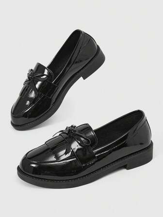 Kawaii Mocasines planos con flecos y decoración de lazo, zapatos Mary Jane negros, zapatos de uniforme JK japonés, zapatos para Año Nuevo, Día de San Valentín, primavera y Navidad