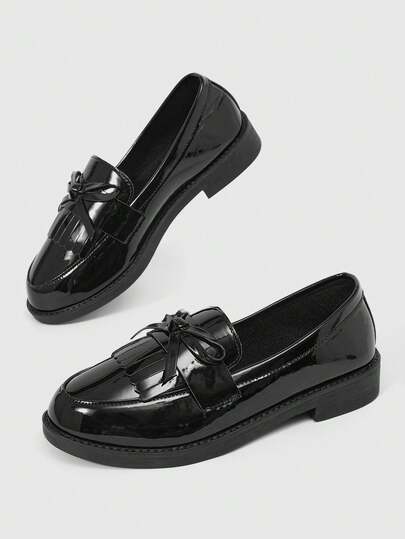 Kawaii Bow-Decorated Fringed Flat Loafers, Black Mary Jane Shoes, Japanese JK Uniform Shoes, New Year's Holiday, Valentine's Day, Spring Christmas Shoes