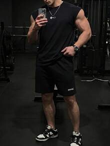 GymBeat 男士休閒運動印花肌肉背心 啞鈴 Logo 夏季健身背心，輕量黑色 - 黑色 - 查看 5