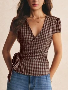 Poéselle Women's V-Neck Plaid Casual Versatile Daily Wear Shirt - Coffee Brown - View 5