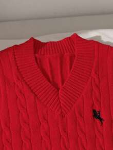 SHEIN 女童（大童）淺杏色V領刺繡針織背心，柔軟舒適，適合日常穿著、外出、旅行、度假、居家、托兒所與遊戲 - 紅色 - 查看 3