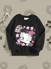 Betty Boop x SHEIN Young Girl Cartoon Character Print Pullover Sweatshirt - Black - View 1
