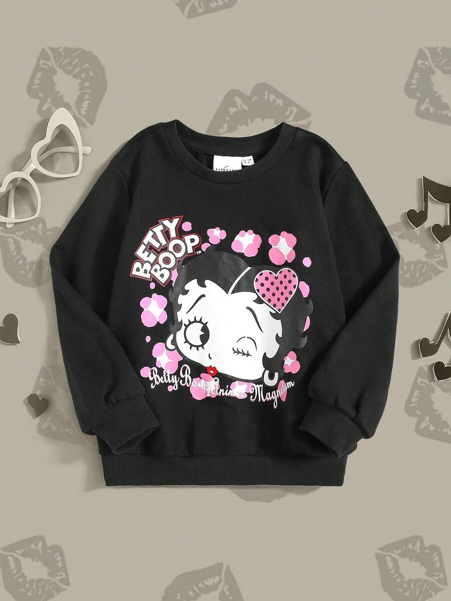Betty Boop x SHEIN Young Girl Cartoon Character Print Pullover Sweatshirt - Black - View 1