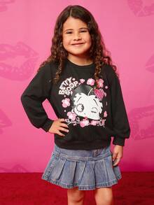 Betty Boop x SHEIN Young Girl Cartoon Character Print Pullover Sweatshirt - Black - View 3