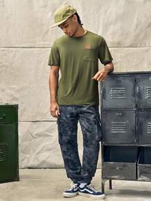 Norleigh Men's Crew Neck Short Sleeve T-Shirt With Chest Pocket Leather Label,Olive Green,Summer,Casual,City Break,Outdoor Daily Leisure - Army Green - View 3