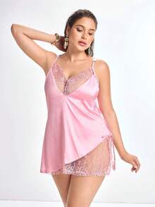 Slumbrini Rosa besticktes Satin-Nachthemd mit tiefem V-Ausschnitt, Schlitz, Bindegürtel an der Taille, figurschmeichelndem Schleifenmuster, romantisch-pastoral, Große Größen - Pink - Übersicht 5
