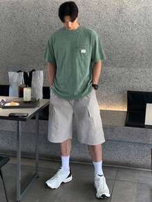 DAZY 夏季男士綠色水洗做舊圓領貼袋T恤 - 綠色 - 查看 6