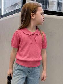Dazy Kids 女童荷叶边领短袖毛衣 - 玫瑰紅 - 查看 3