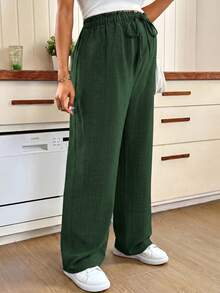 SHEIN Maternity Solid Color Adjustable Waist Wide Leg Long Pants - Dark Green - View 4