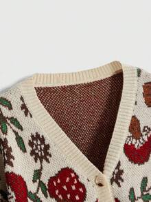 ROMWE Fairycore Cardigan de punto de manga larga con un solo botón, diseño de hongo lindo, talla grande para mujer, suéter de otoño e invierno - Albaricoque - Ver 3