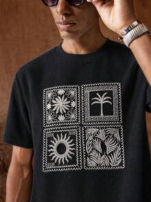 HIMLAND 男士休閒熱帶刺繡短袖T恤，適合度假 - 黑色 - 查看 2
