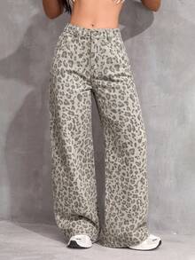 SHEIN Teen Girl Leopard Print Straight Leg Jeans - Multicolor - View 3