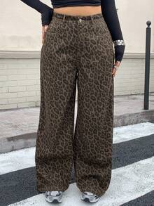 Dazy Tall Curve Jeans de mujer talla grande con cintura semi-elástica, estampado de leopardo, estilo callejero, corte holgado, para otoño y todas las estaciones, retro, marrón, para mujeres altas - Marrón - Ver 3