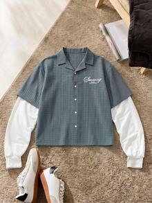 SWAVVY Men's Letter Pattern 2 In 1 Patchwork Casual Daily Wear Shirt - Blue - View 2