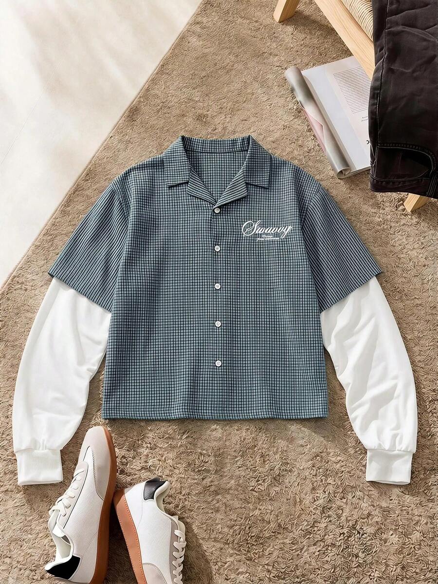 SWAVVY Men's Letter Pattern 2 In 1 Patchwork Casual Daily Wear Shirt - Blue - View 1