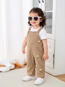 SHEIN Baby Girl Woven Solid Color Floral Pattern Overall Romper - Camel - View 6