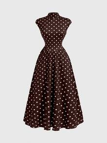 Skyraze Women's Brown And White Polka Dot High Neck Long Knit Dress Dinner Party Summer Vintage Elegant - Brown - View 3