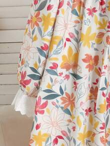SHEIN Tween女孩寬鬆休閒刺繡蕾絲飾邊拼接碎花小花梭織長袖蝴蝶結家居睡袍 黃色長款睡裙 - 黃色 - 查看 4