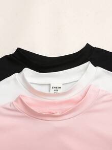 SHEIN Tween Girl 3 Pieces Set Multi-Color Black White Pink Short Sleeve Skirt Outfit - Multicolor - View 9