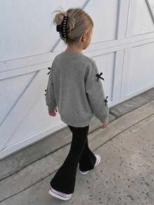 Hapijoa Bowknot Decor Cute Sweatshirt Top + Casual Flared Pants Solid Color Young Girls Sweatshirt Set - Grey - View 2