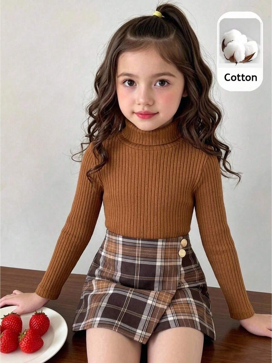 LMoss Kids 女童高領T恤與格紋裙褲2件套,適合日常通勤穿著,女童秋季服飾 - 彩色 - 查看 1