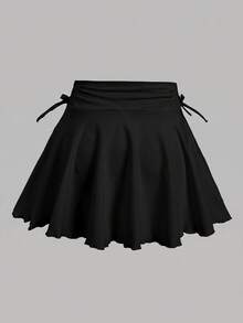 SHEIN 青少年女孩純色百褶休閒百搭日常裙褲 - 黑色 - 查看 7