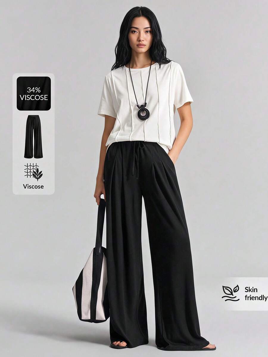 Ontre 2026 Spring Autumn Black Drawstring Waist Slant Pocket Fold Pleated Wide Leg Sweatpants , Casual Wear