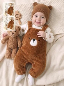 Souflis Unisex Infant Bear Embroidered & Printed Plush Overalls With Bear Pattern Long Sleeve Top - Coffee Brown - View 2