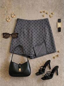 Grovea Plus Size Women's Casual Elegant 2 In 1 A-Line Waist Side Slit Polka Dot Print Skort, Suitable For Dating, Office, Commuting, Business, Home, Travel Occasions - Grey - View 9