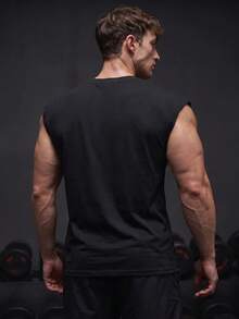 GymBeat 男士休閒運動印花肌肉背心 啞鈴 Logo 夏季健身背心，輕量黑色 - 黑色 - 查看 2
