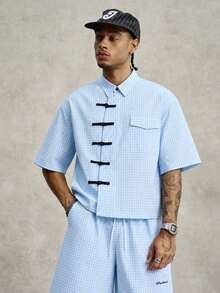PAVTROS Men's Blue New Chinese Frog Button Short Sleeve Shirt And Drawstring Shorts Set, Plaid Set - Blue - View 4