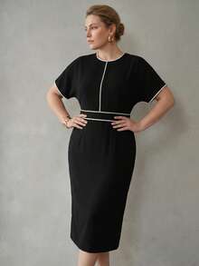 MOTF PREMIUM PLUS SIZE ELEGANT BLACK & WHITE CONTRAST TRIM DESIGN WOMEN MINIMALIST PRACTICAL MID-LENGTH DRESS - Black and White - View 7