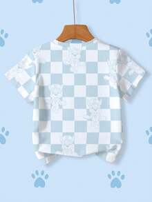 SHEIN | PAW Patrol 男童休闲格子卡通狗字母印花圆领短袖T恤，夏季 - 白色 - 查看 2