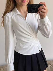Firerie Kids Firerie Kids 青少年女孩返校百搭白色襯衫，白色不對稱斜前襟設計附後背綁帶長袖襯衫，休閒日常時尚百搭，適合畢業季與正式場合 - 白色 - 查看 3