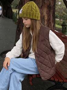 Hapijoa Tween Girl Letter Pattern Single-Breasted Casual Vest Winter Coat - Brown - View 9