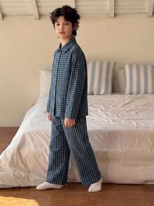 Dazy Kids 青少年男孩格紋長袖上衣與長褲休閒日常居家睡衣套裝 - 灰色 - 查看 2