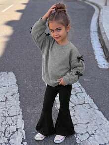 Hapijoa Bowknot Decor Cute Sweatshirt Top + Casual Flared Pants Solid Color Young Girls Sweatshirt Set - Grey - View 6