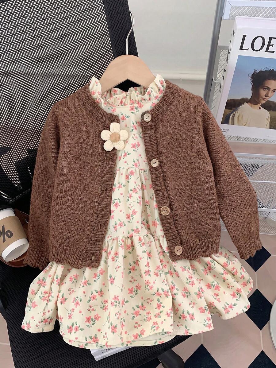 SHEIN Young Girls Cardigans Autumn/Winter Fitted Crew Neck Sweater Jacket - Brown - View 1
