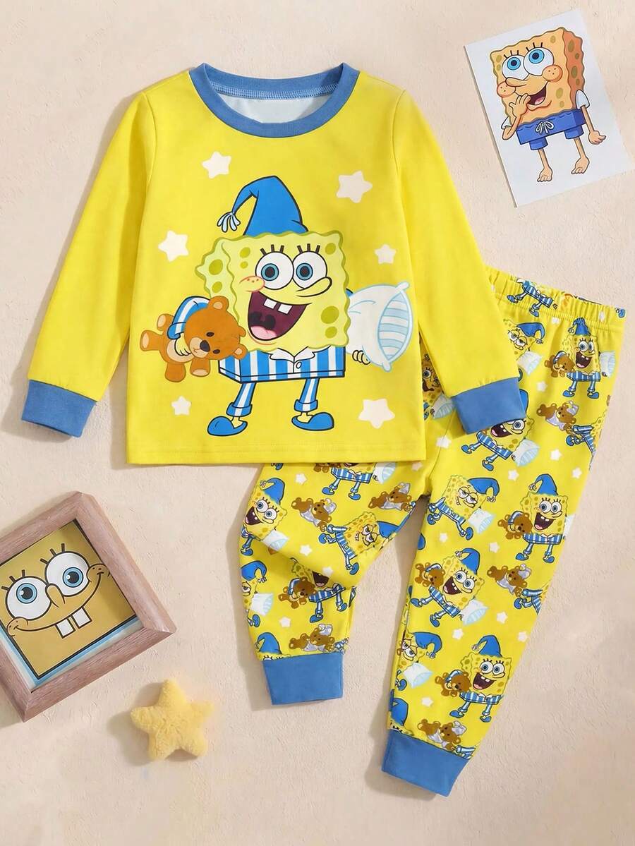 SpongeBob SquarePants | SHEIN 2件套男婴卡通图案圆领长袖上衣和裤子针织舒适弹力贴身睡衣套装 - 黃色 - 查看 1