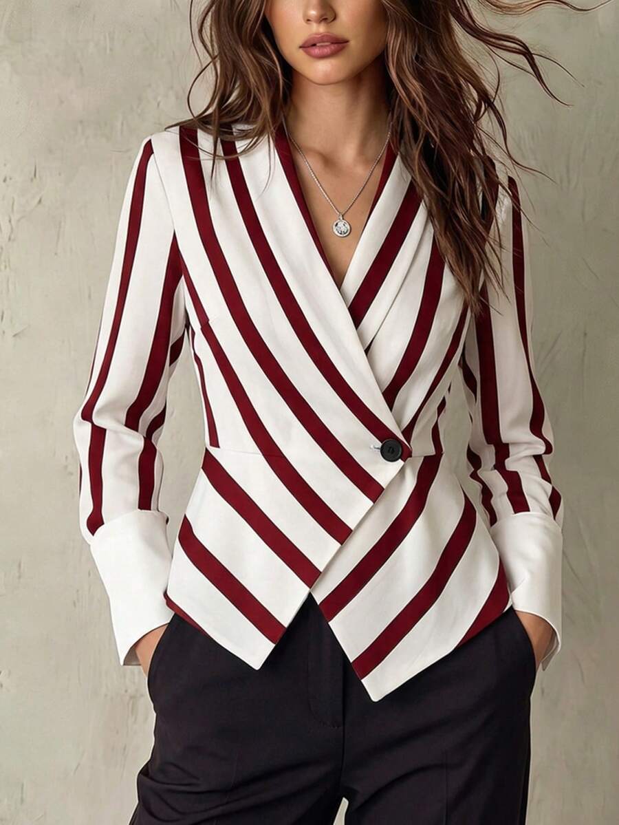 Franclia Women's Red Striped Contrast White Cross Tie Design Casual Daily Commute Outing Valentine's Day Date Long Sleeve Shirt - Multicolor - View 1
