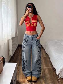 Coolane 女款時尚百搭鈕扣口袋寬鬆牛仔褲 街頭風 Y2K 90年代靈感 夜店穿搭 淺藍色 秋季 萬聖節 Y2K 復古牛仔褲 - 深色水洗藍 - 查看 6