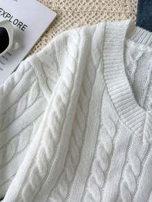 SHEIN 青少年女孩休閒學院風刺繡臘腸狗粗針編織V領毛衣，可愛長袖套頭衫，適合秋冬穿著，校園日常穿搭必備極簡休閒單品 - 白色 - 查看 3