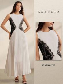 Anewsta Women's New Elegant Round Neck Sleeveless Contrast Lace Sundress, Slimming Design Suitable For Wedding, Party Dinner Bar Events White And Black Summer - White - View 2