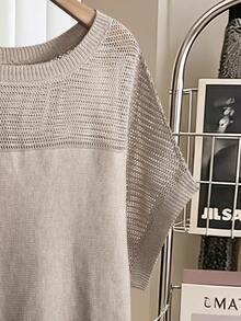 Lacomfia Plus Size Women Solid Color Round Neck Batwing Short Sleeve Hollow Out Knit Top - Apricot - View 5